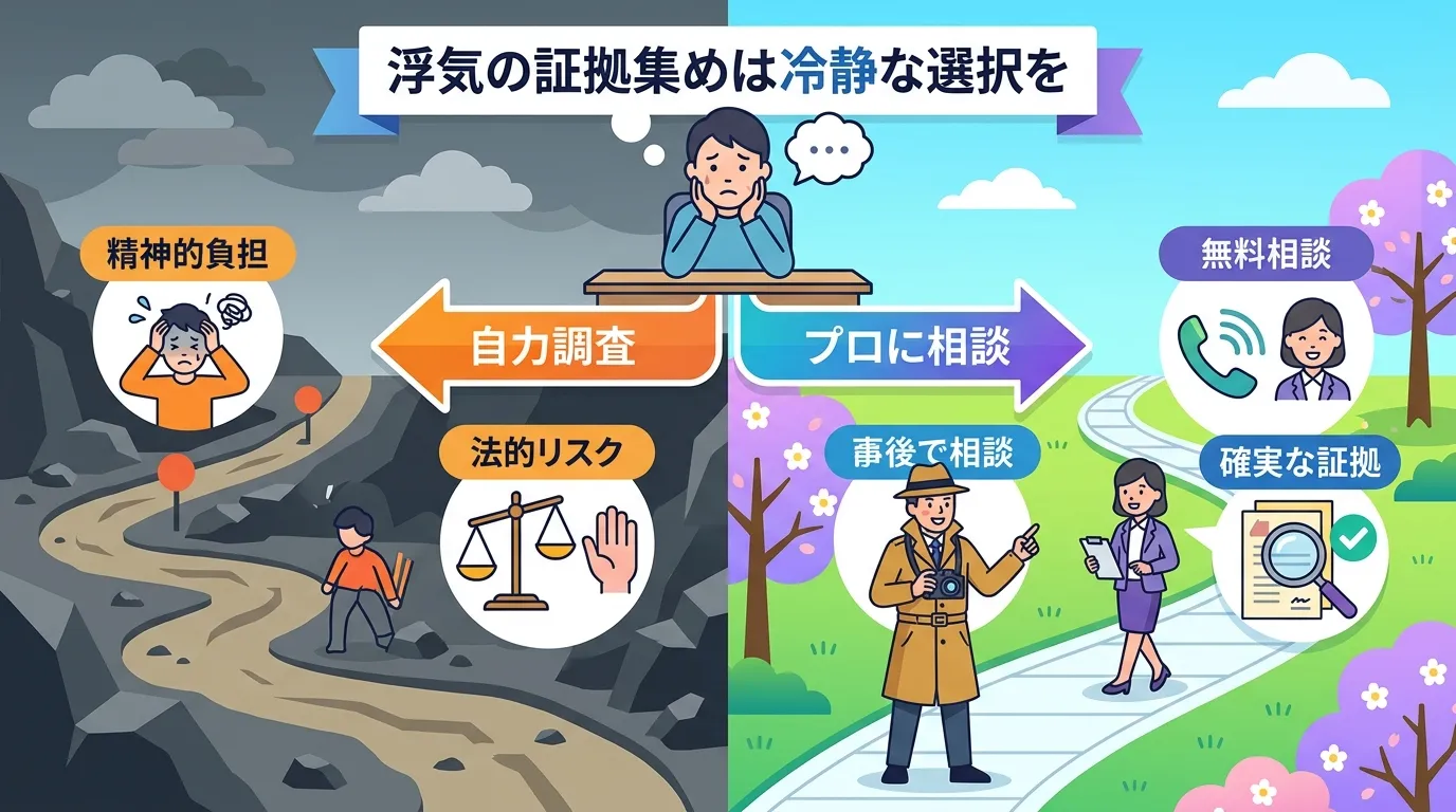 インフォグラフィック、フロー図。中央上部に悩む人物を配置し、そこから「自力調査」と「プロに相談」という2つの道が分岐する構図。左の「自力調査」の道は険しく暗く、「精神的負担」「法的リスク」のアイコンを