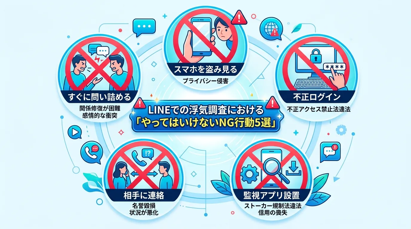 LINEでの浮気調査における「やってはいけないNG行動5選」をテーマにしたインフォグラフィック。中央にタイトルを配置し、その周りに「スマホを盗み見る」「不正ログイン」「監視アプリ設置」「相手に連絡」「