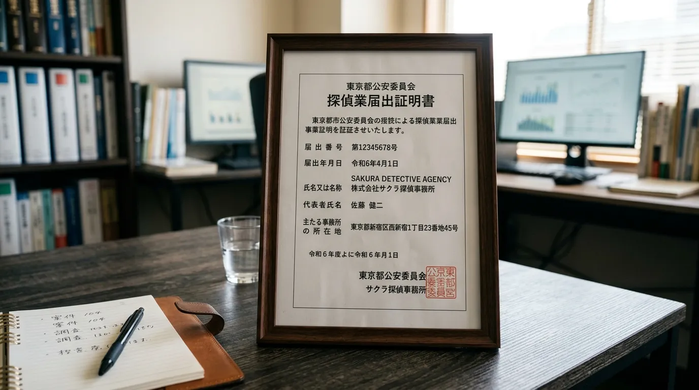 「探偵業届出証明書」のサンプル画像。どのような書類か読者がイメージできるようにする。]