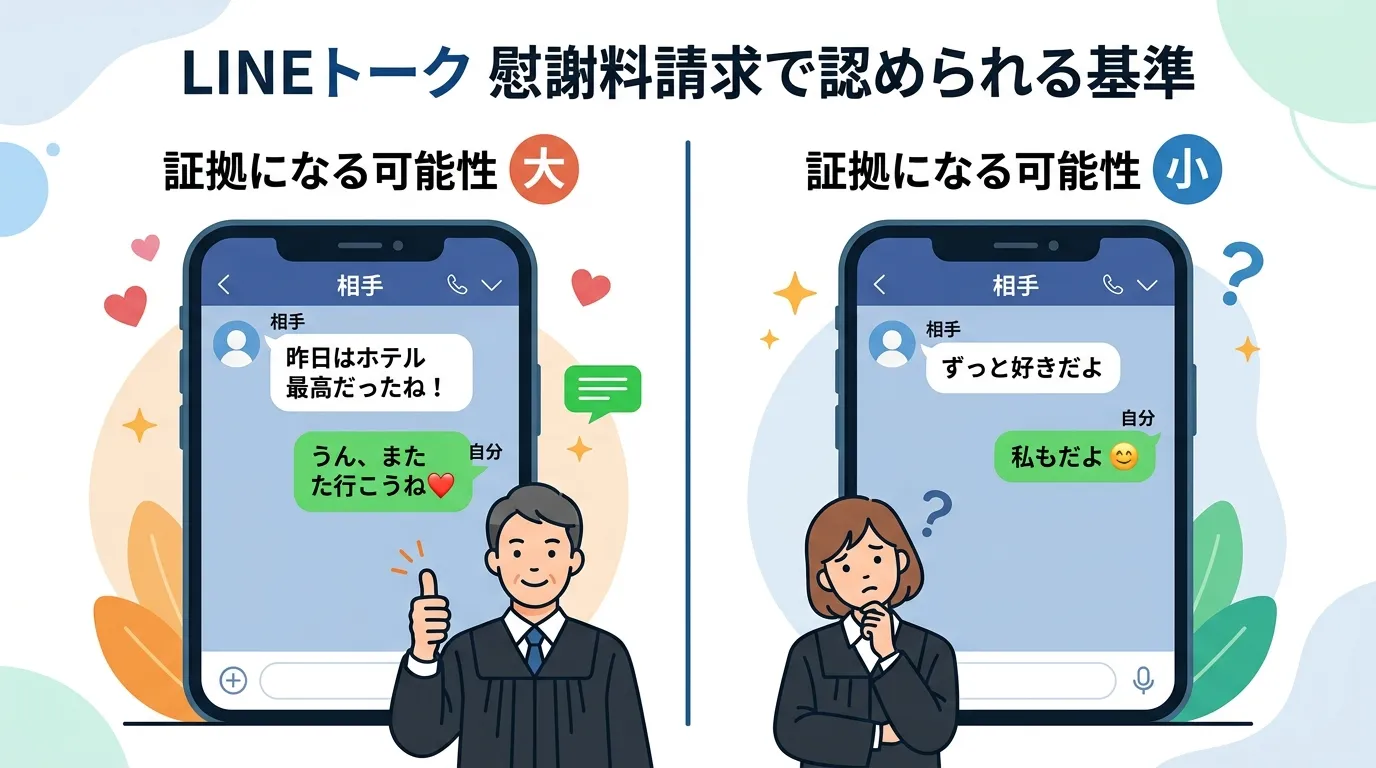 インフォグラフィック、フラットデザイン。「LINEの浮気証拠」をテーマにした比較図。画面を左右に分割し、中央に「LINEトーク 慰謝料請求で認められる基準」と日本語でタイトルを配置。左側は「証拠になる