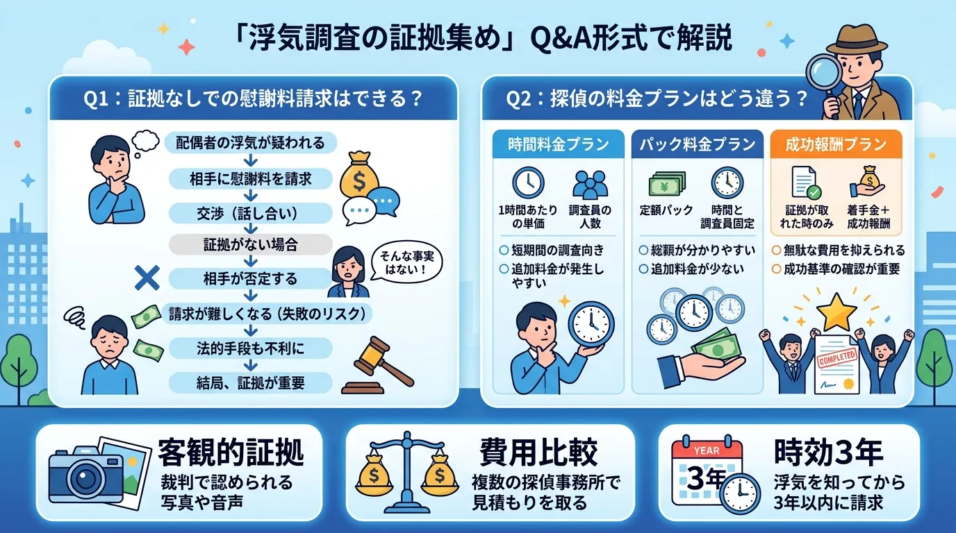 「浮気調査の証拠集め」をテーマにしたQ&A形式のインフォグラフィック。フラットデザインのデジタルイラスト。中央にタイトル。左は「証拠なしでの慰謝料請求」のフローチャート。右は「探偵の料金プラン」の比較