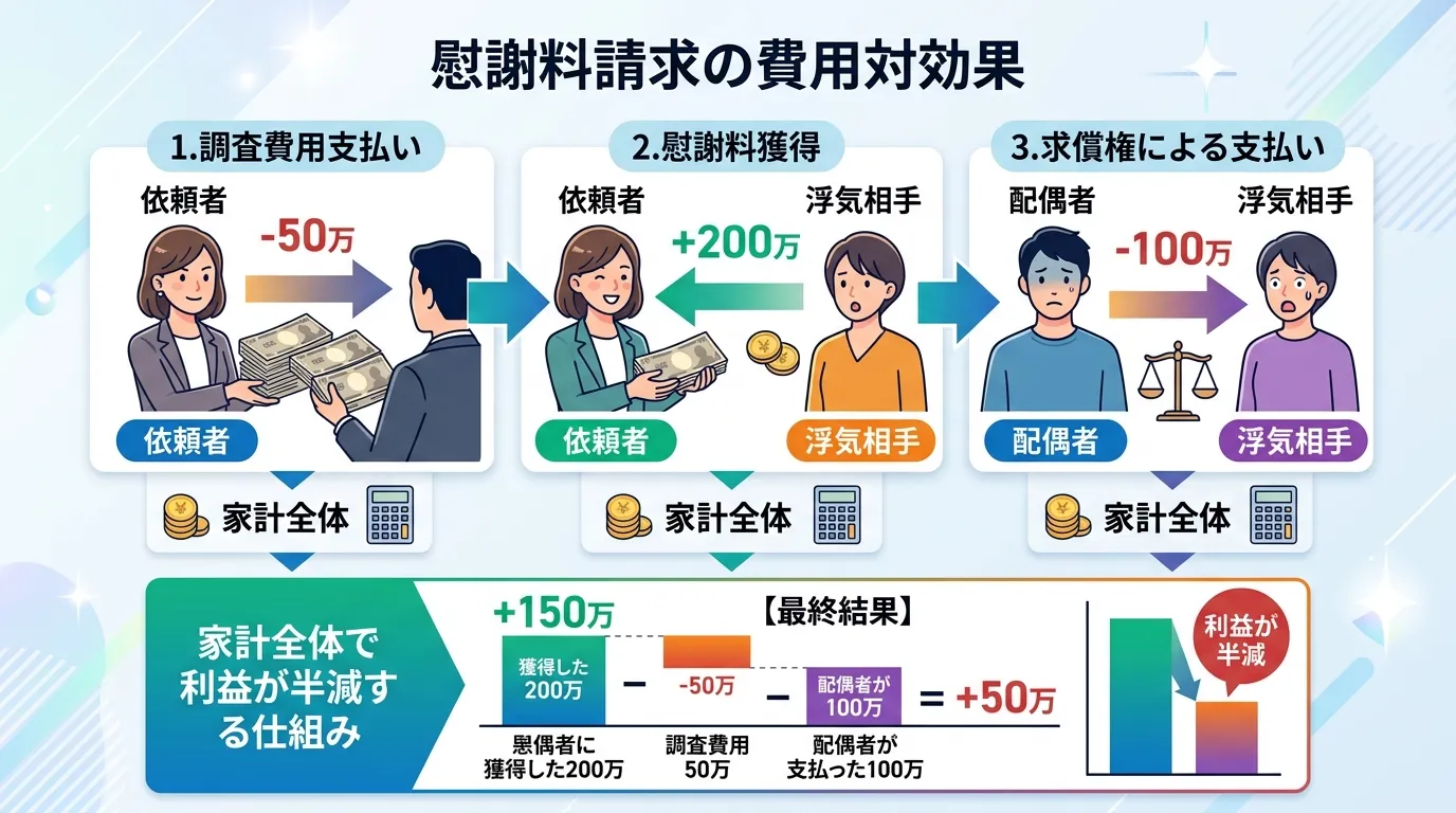 「慰謝料請求の費用対効果」をテーマにしたインフォグラフィック。3人のキャラクター(依頼者、配偶者、浮気相手)を使い、お金の流れを3ステップで解説するフロー図。1.調査費用支払い(-50万)、2.慰謝料