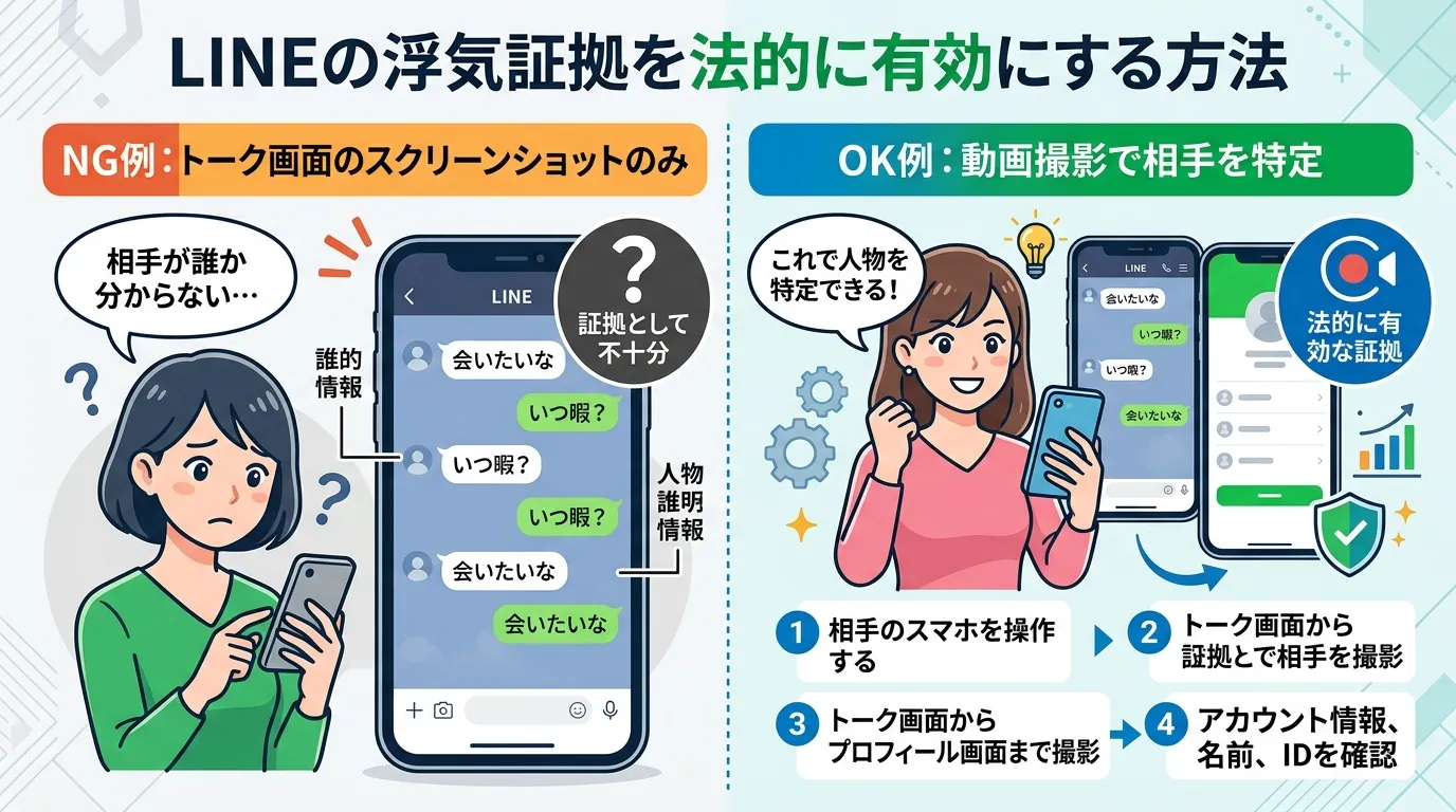LINEの浮気証拠を法的に有効にする方法を解説するインフォグラフィック。左右でNG例とOK例を比較する構成で、左側にはトーク画面のスクリーンショットだけを見て「相手が誰か分からない…」と困る女性を、右