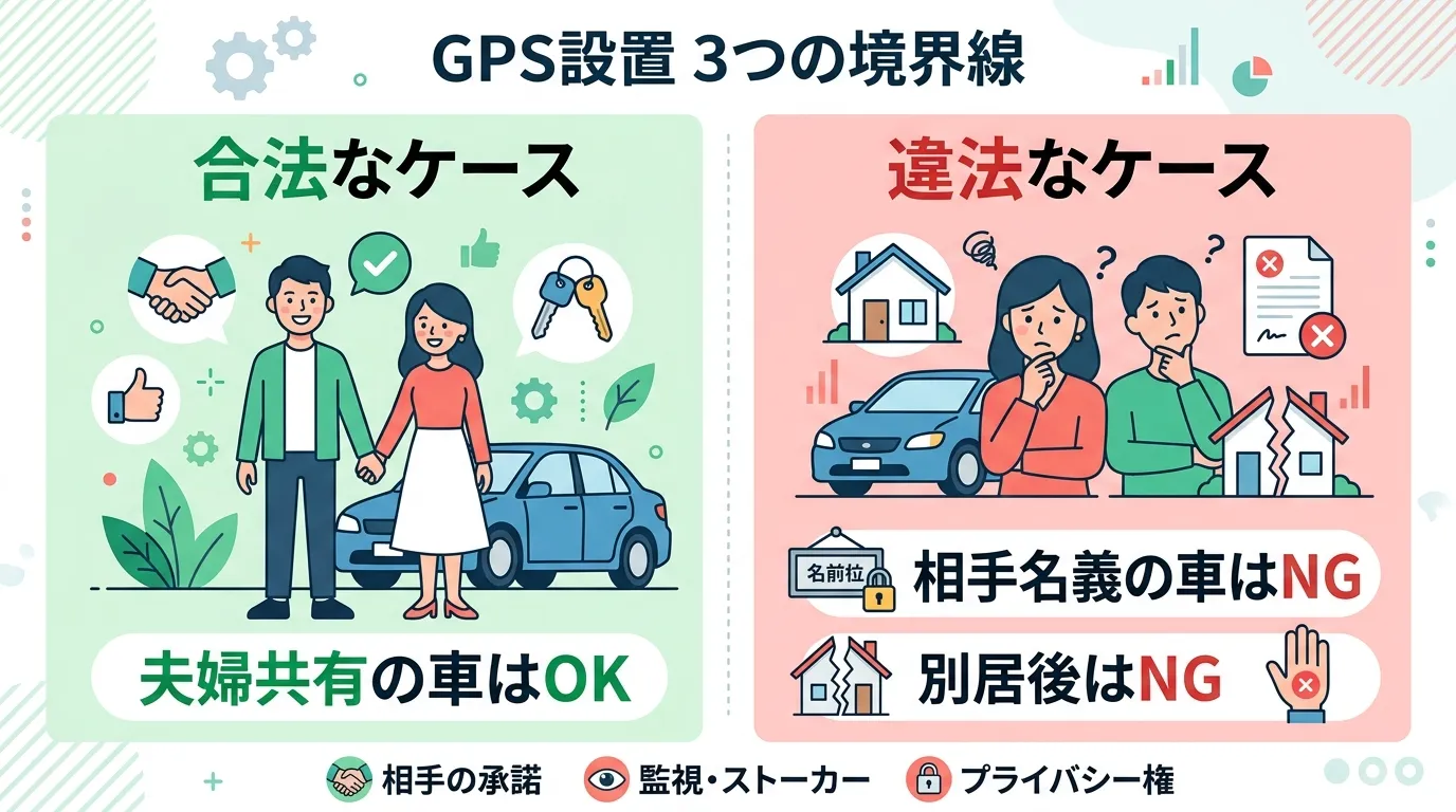 車へのGPS設置の合法・違法を比較するインフォグラフィック。フラットデザインで、シンプルなアイコンを使用。中央に「GPS設置 3つの境界線」とタイトルを配置。左側は緑を基調に「合法なケース」として、笑