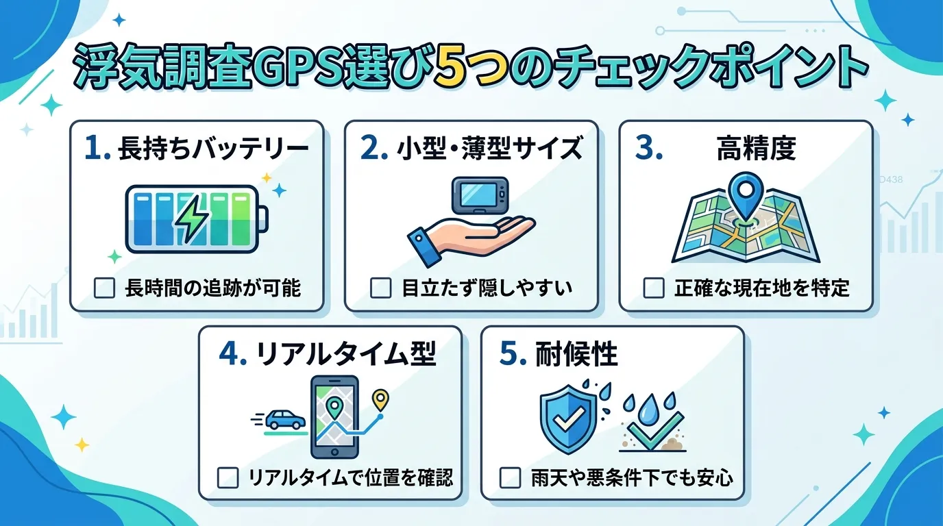 インフォグラフィック。「浮気調査GPS選び5つのチェックポイント」というタイトルで、5つの要素をアイコンと共に配置:1.「長持ちバッテリー」長い電池ゲージのアイコン、2.「小型・薄型サイズ」手のひらに