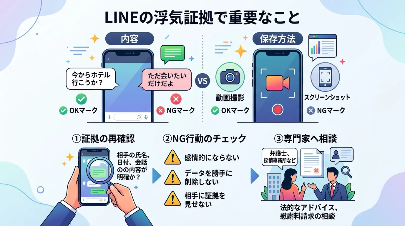 インフォグラフィック、LINEの浮気証拠で重要なこと。上半分に「内容」と「保存方法」の2つのポイントを比較図で示す。「内容」はホテルに行く会話にOKマーク、「ただ会いたい」にNGマーク。「保存方法」は