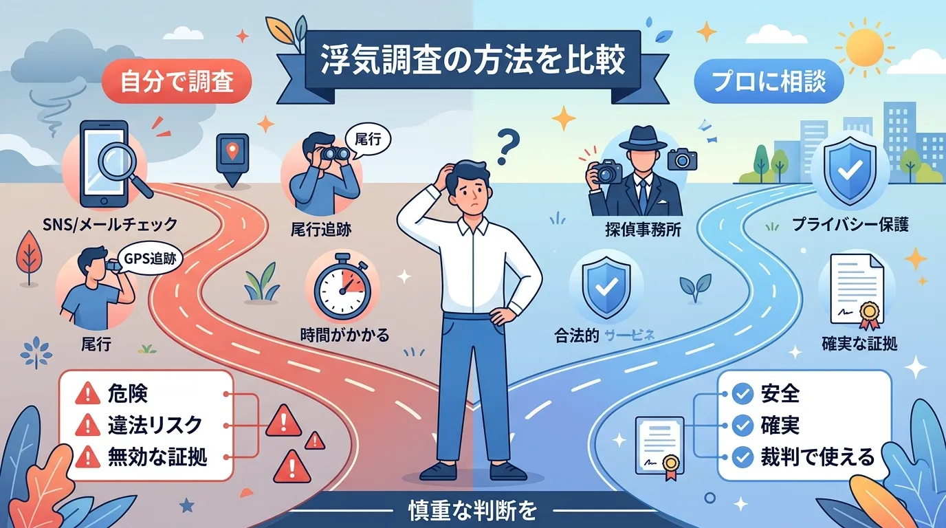 浮気調査の方法を比較するインフォグラフィック。中央に悩む人物が分岐点に立つ。左側は「自分で調査」の道で、スマホやGPSのアイコンと共に「危険」「違法リスク」「無効な証拠」と赤系の警告色で示す。右側は「