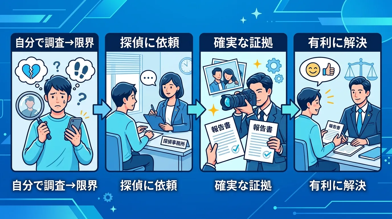 インフォグラフィック、デジタルイラスト。「自分での浮気調査の限界とプロ(探偵)に依頼する流れ」をテーマにしたステップ図。左から右へ矢印で繋がった4コマ構成。1コマ目:悩む人が虫眼鏡を持つ「自分で調査→