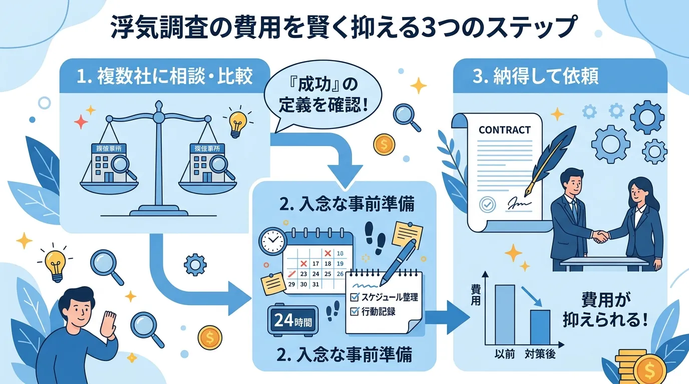 インフォグラフィック、浮気調査の費用を賢く抑える3つのステップを描いたフロー図。フラットデザインのデジタルイラスト。1.「複数社に相談・比較」天秤に乗った探偵事務所のアイコンと「『成功』の定義を確認!