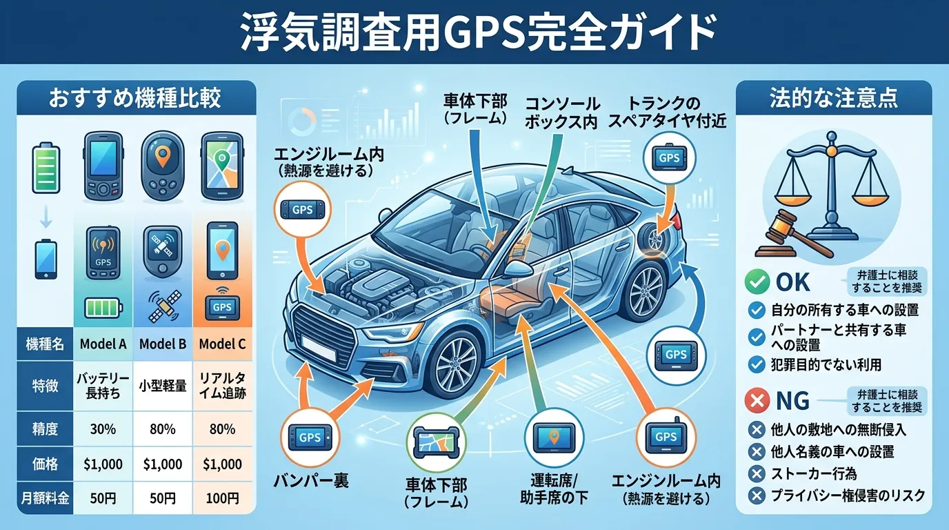 インフォグラフィック、「浮気調査用GPS完全ガイド」。中央に車の透視図を配置し、矢印と日本語ラベルで「バンパー裏」「車体下部」などバレない設置場所を図示。左に「おすすめ機種」としてGPSデバイスのアイ