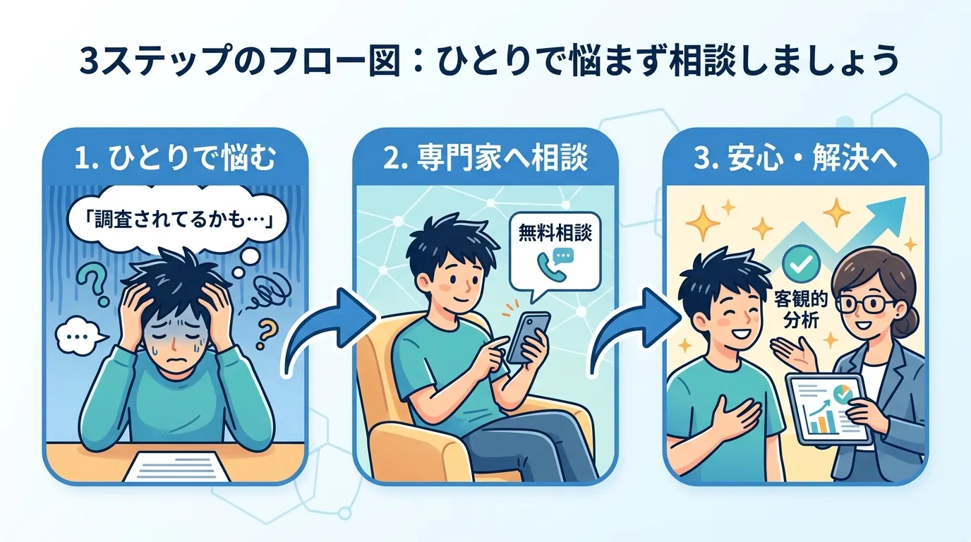 インフォグラフィック、3ステップのフロー図。左に、頭を抱え「調査されてるかも…」と不安に思う人物。中央に、スマホで「無料相談」をする様子と右向きの矢印。右に、専門家と話し「客観的分析」で安心し、表情が