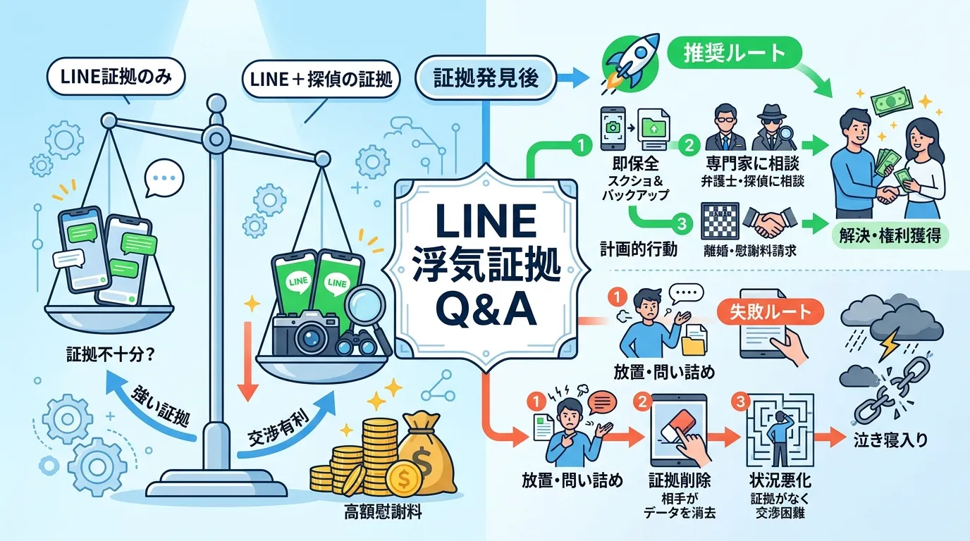 「浮気調査とLINEの証拠」をテーマにしたインフォグラフィック。中央に「LINE浮気証拠 Q&A」のタイトル。左半分に「LINE証拠のみ」と「LINE+探偵の証拠」を天秤で比較する図を配置し、後者が傾