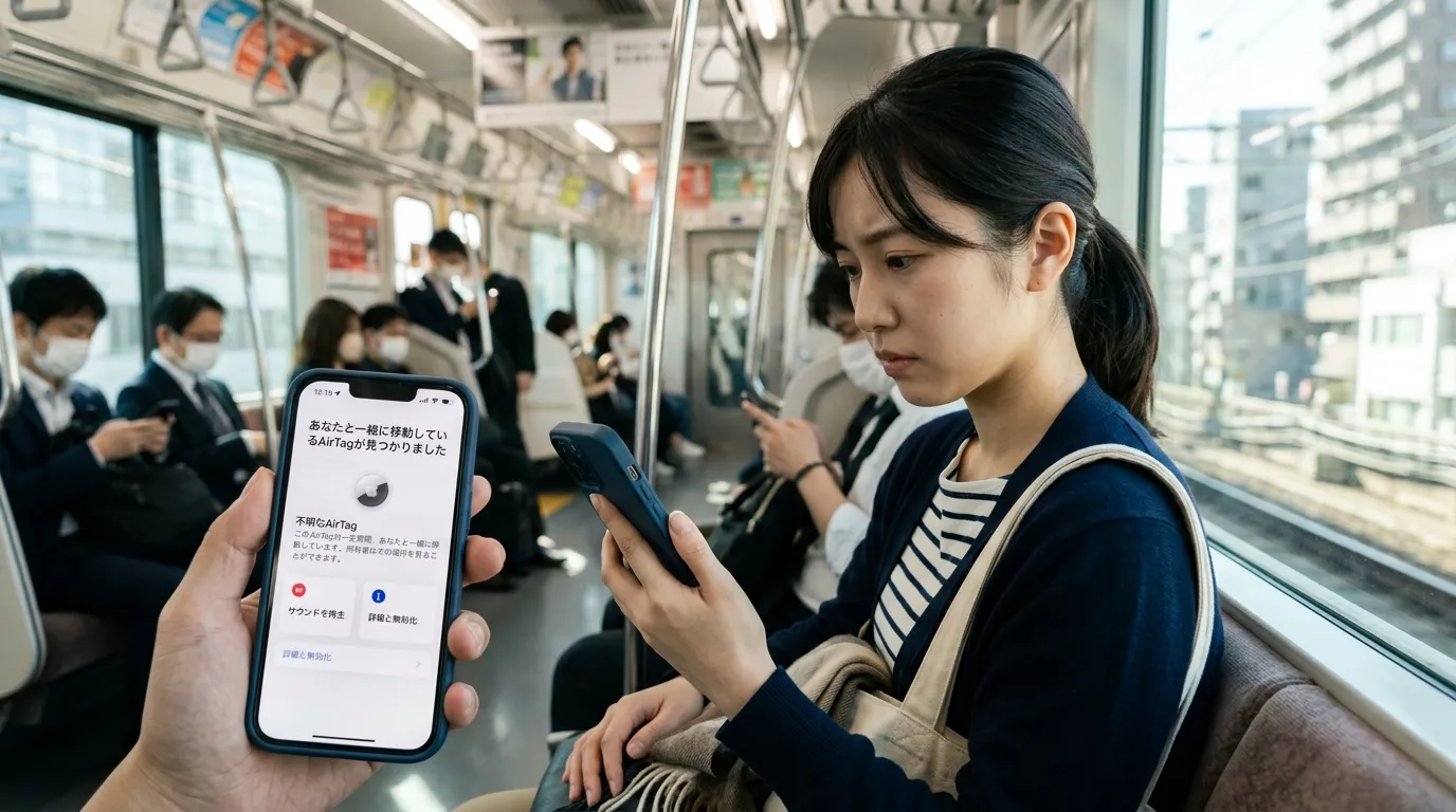 「あなたと一緒に移動しているAirTagが見つかりました」という通知が表示されているスマートフォンの画面のイラストまたは再現写真。]