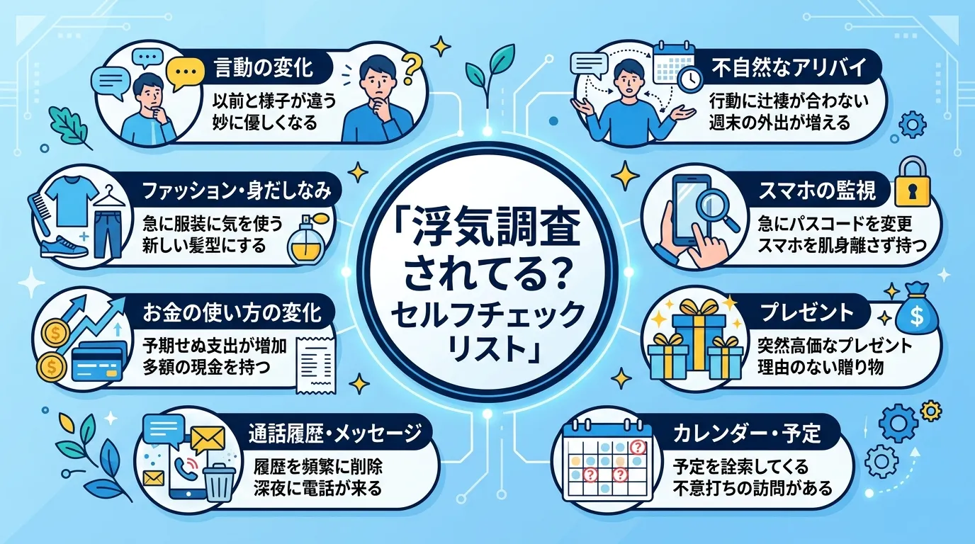「浮気調査されてる?セルフチェックリスト」というタイトルのインフォグラフィック。中央にタイトルを配置し、その周りにチェック項目をアイコン付きで円状に並べる。アイコンは「言動の変化」「スマホの監視」「プ