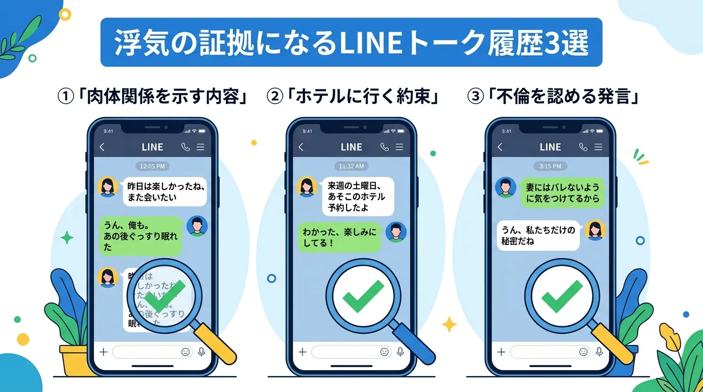 インフォグラフィック、デジタルイラスト。中央に「浮気の証拠になるLINEトーク履歴3選」という日本語タイトル。横に3つのスマートフォンを並べ、各スマホの上に①「肉体関係を示す内容」②「ホテルに行く約束