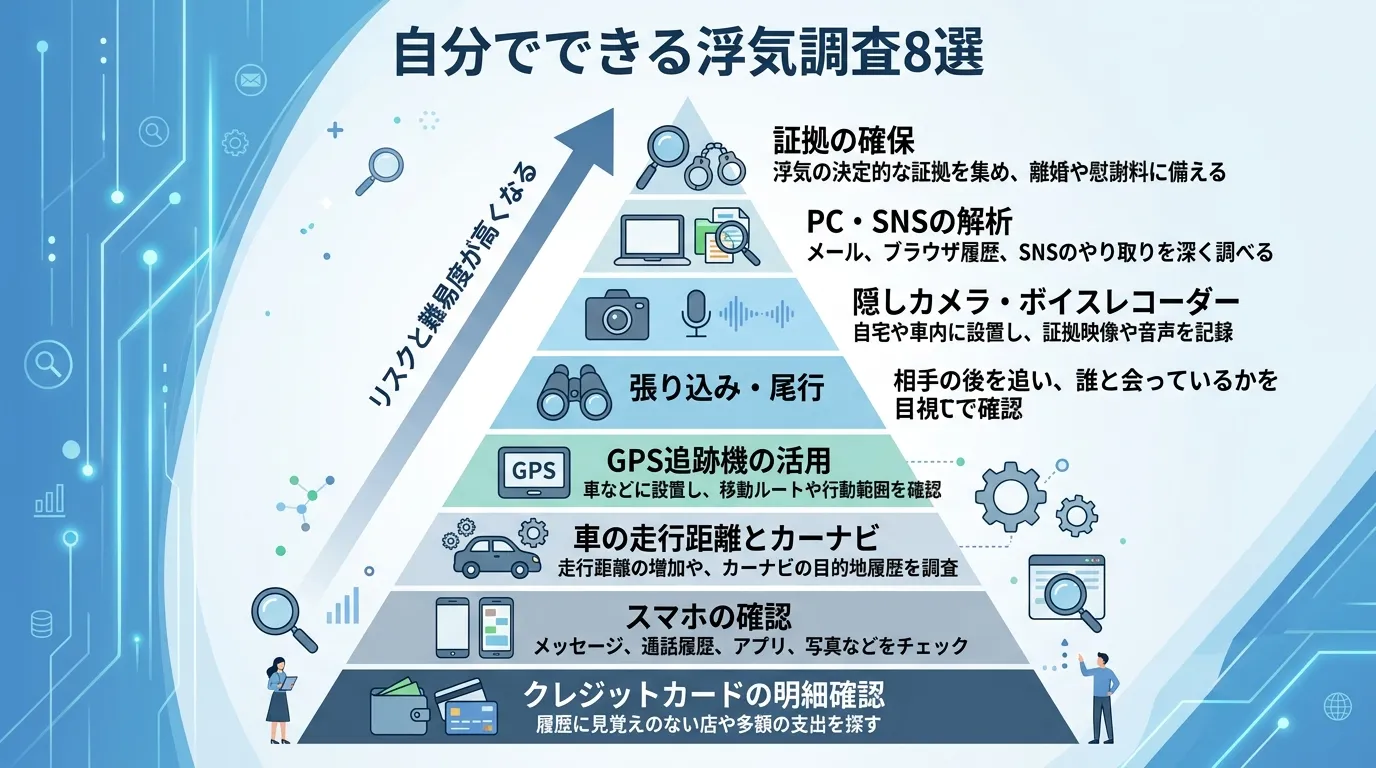 インフォグラフィック、「自分でできる浮気調査8選」という日本語タイトル。下から上へリスクと難易度が高くなるピラミッド型のステップ図。各階層に調査方法を示すアイコン(クレジットカード、スマホ、車、GPS