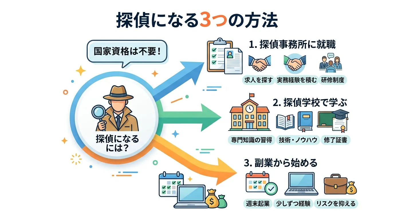 「探偵になる3つの方法」をテーマにしたインフォグラフィック。中央に「探偵になるには?」というタイトルと虫眼鏡を持つ探偵のアイコンを配置。その上部に「国家資格は不要!」と書かれた吹き出し。中央から3方向