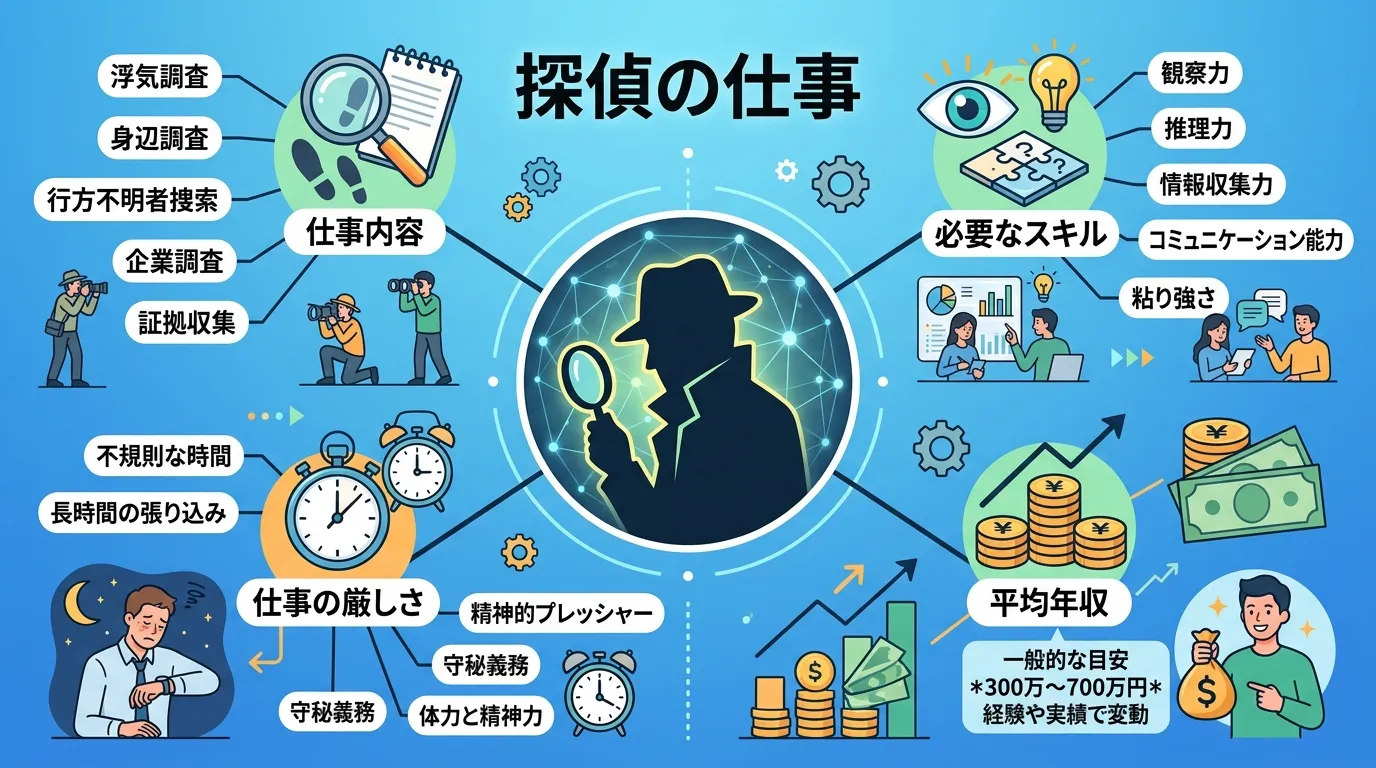 探偵の仕事内容を解説するインフォグラフィック。中央に「探偵の仕事」という日本語タイトルと人物シルエットを配置し、そこから「仕事内容」「平均年収」「必要なスキル」「仕事の厳しさ」の4項目が放射状に伸びる