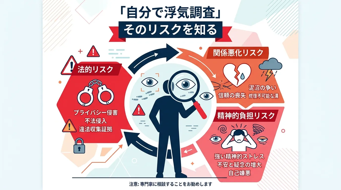 インフォグラフィック、フラットデザイン。「自分で浮気調査」というテーマで、中央に虫眼鏡を持つ人物のシルエットを配置。その周りを囲むように「法的リスク」「関係悪化リスク」「精神的負担リスク」の3つのセク
