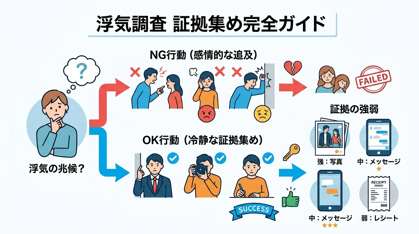 インフォグラフィック、デジタルイラスト、フラットデザイン、白背景。中央に「浮気調査 証拠集め完全ガイド」のタイトル。左に「浮気の兆候?」と悩む人物。そこから「NG行動(感情的な追及)」と「OK行動(冷