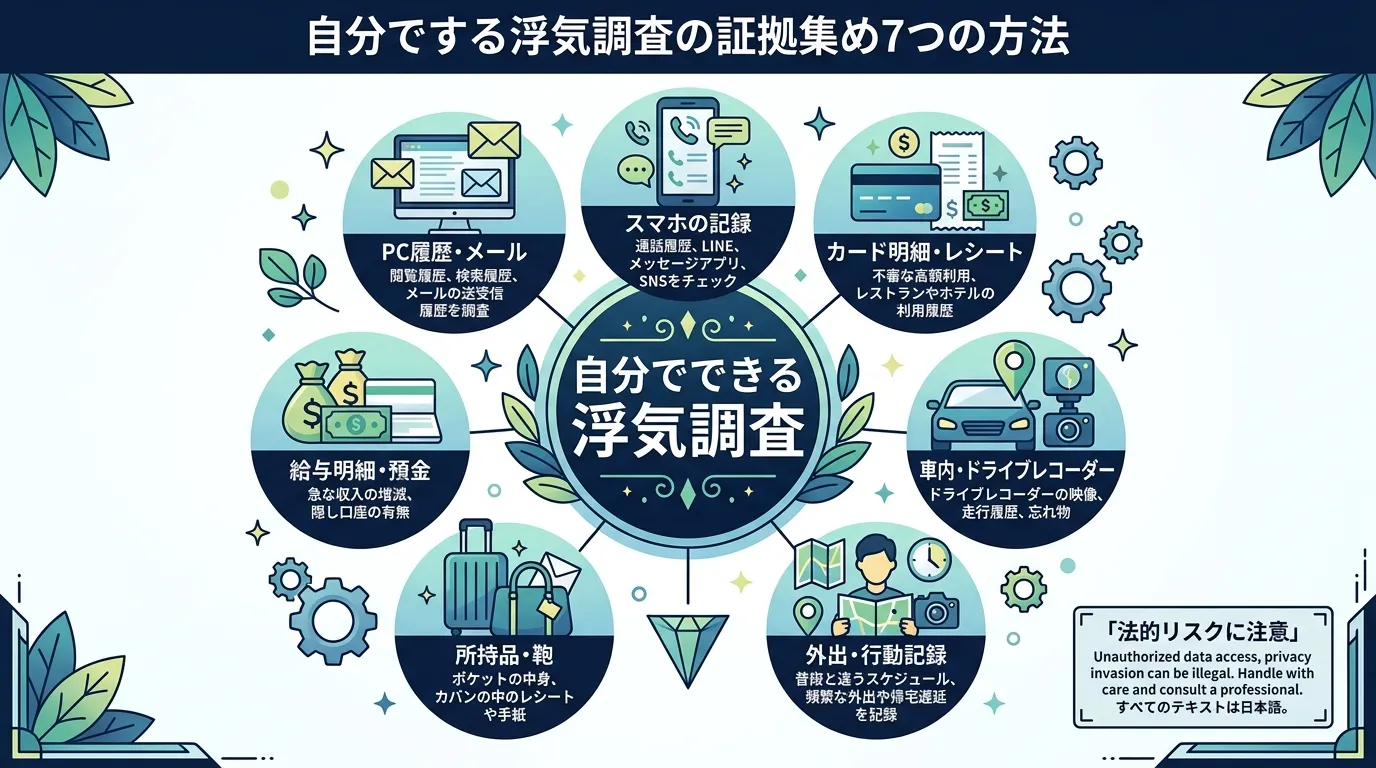 「自分でする浮気調査の証拠集め7つの方法」をテーマにしたインフォグラフィック。中央に「自分でできる浮気調査」というタイトルの周りに、「スマホの記録」「カード明細」「車内」など7つの方法をアイコンとキー