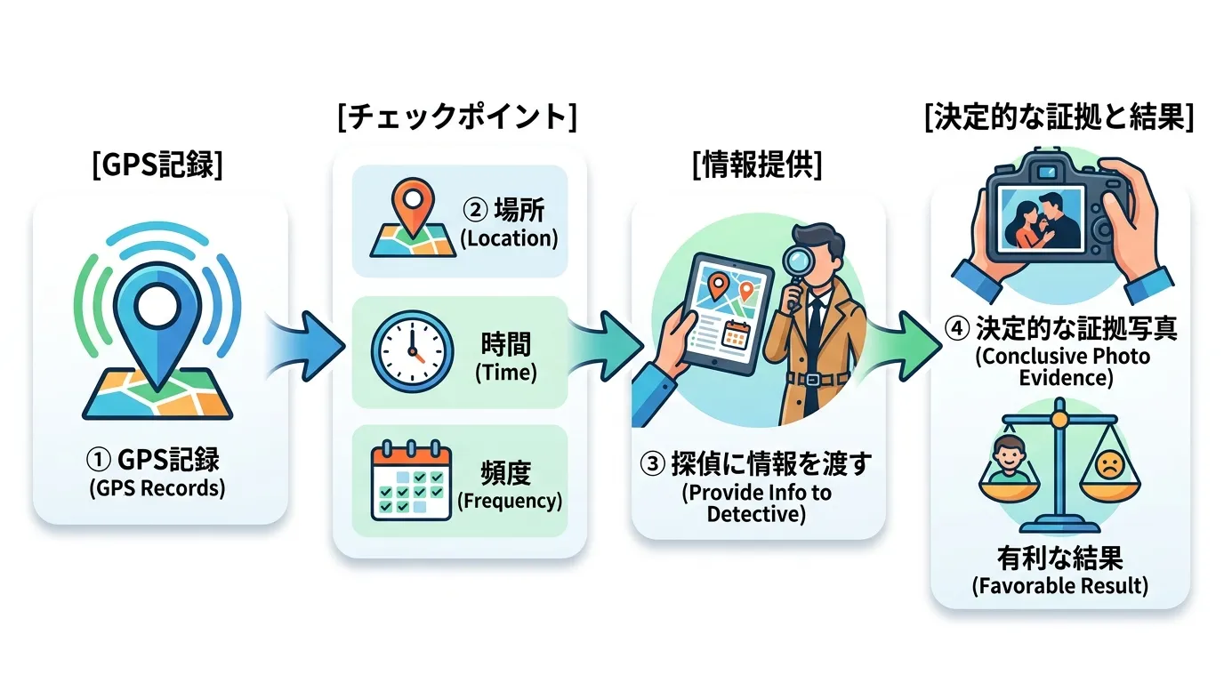 GPS位置情報を浮気の証拠として賢く活用する手順を示したインフォグラフィック。左から右へ流れるステップ図形式。①「GPS記録」のアイコンから矢印。②「場所・時間・頻度」の3つのチェックポイントをアイコ