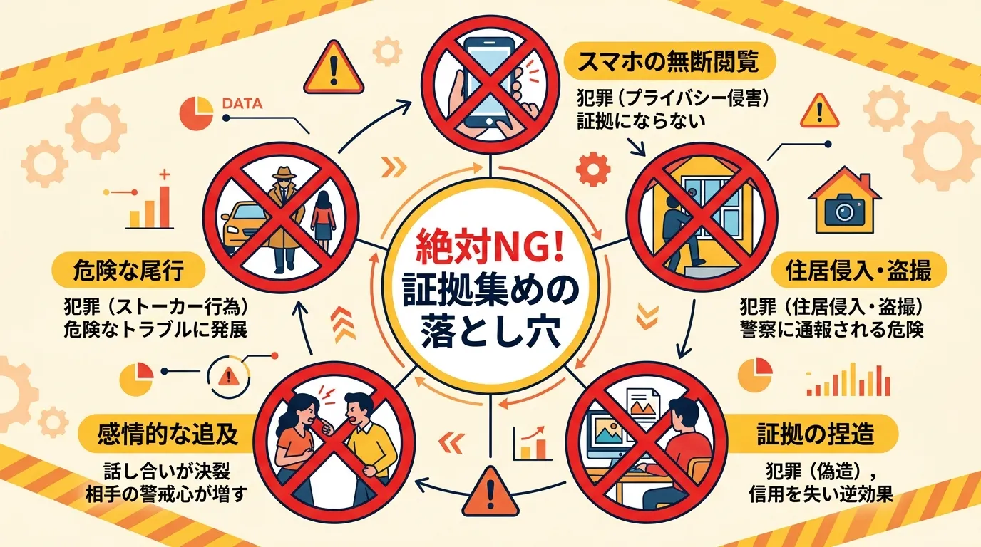 「浮気の証拠集めで絶対にやってはいけない5つのこと」をテーマにしたインフォグラフィック。中央に「絶対NG!証拠集めの落とし穴」というタイトルを配置。その周りに、①スマホの無断閲覧、②住居侵入・盗撮、③