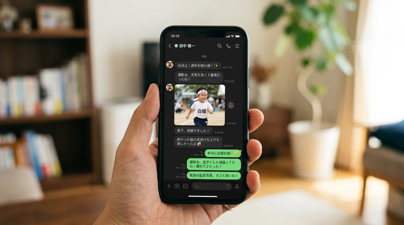 LINEのプロフィール画面やトーク画面を模した、既婚者であることを示す証拠のサンプル画像。例えば、プロフィール写真が家族写真になっている様子や、「週末は子供の運動会だった」という会話をしているトーク画
