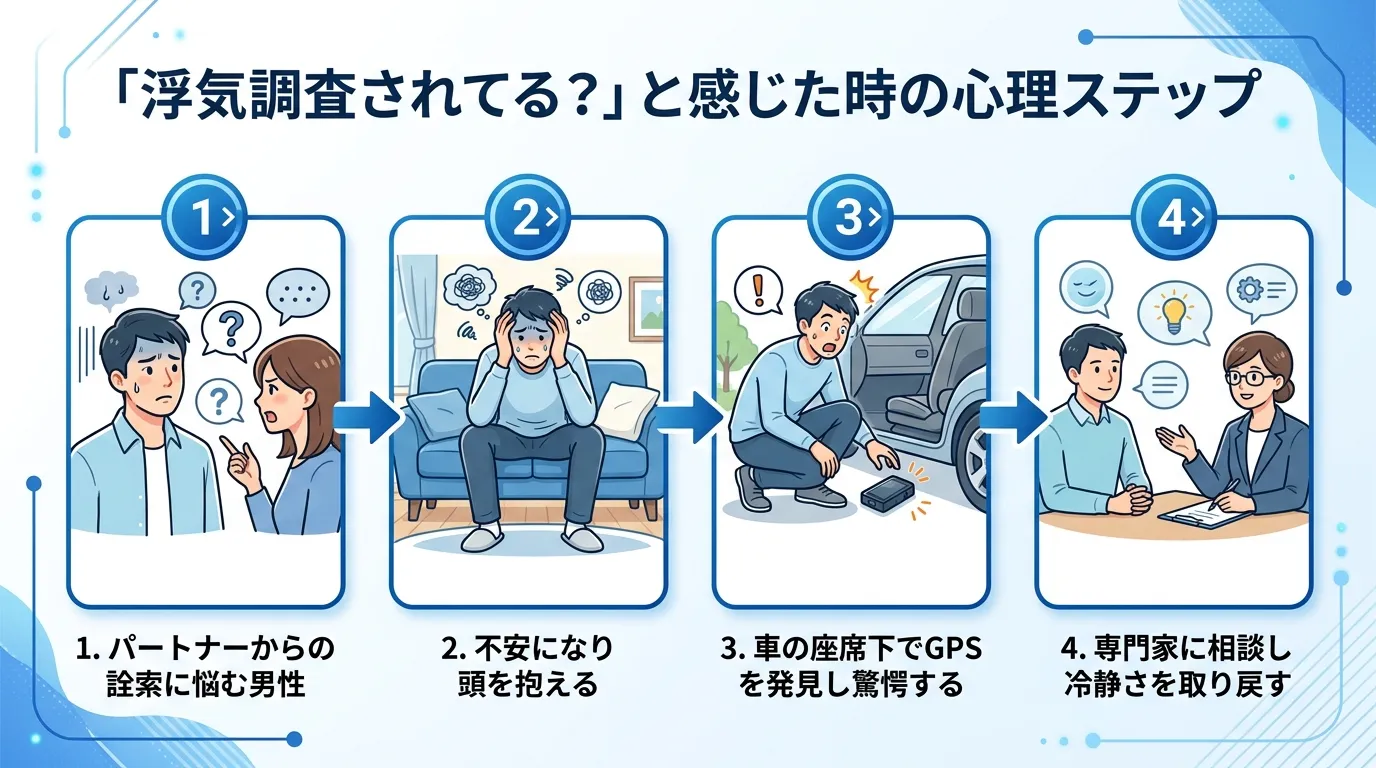 インフォグラフィック、フロー図。「浮気調査されてる?」と感じた時の心理ステップ。1. パートナーからの詮索に悩む男性。2. 不安になり頭を抱える。3. 車の座席下でGPSを発見し驚愕する。4. 専門家