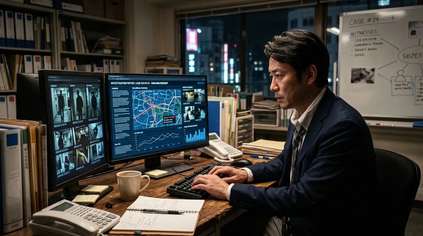 探偵がパソコンで調査報告書を作成している様子の写真。モニターには地図や写真、グラフなどが表示されている。]