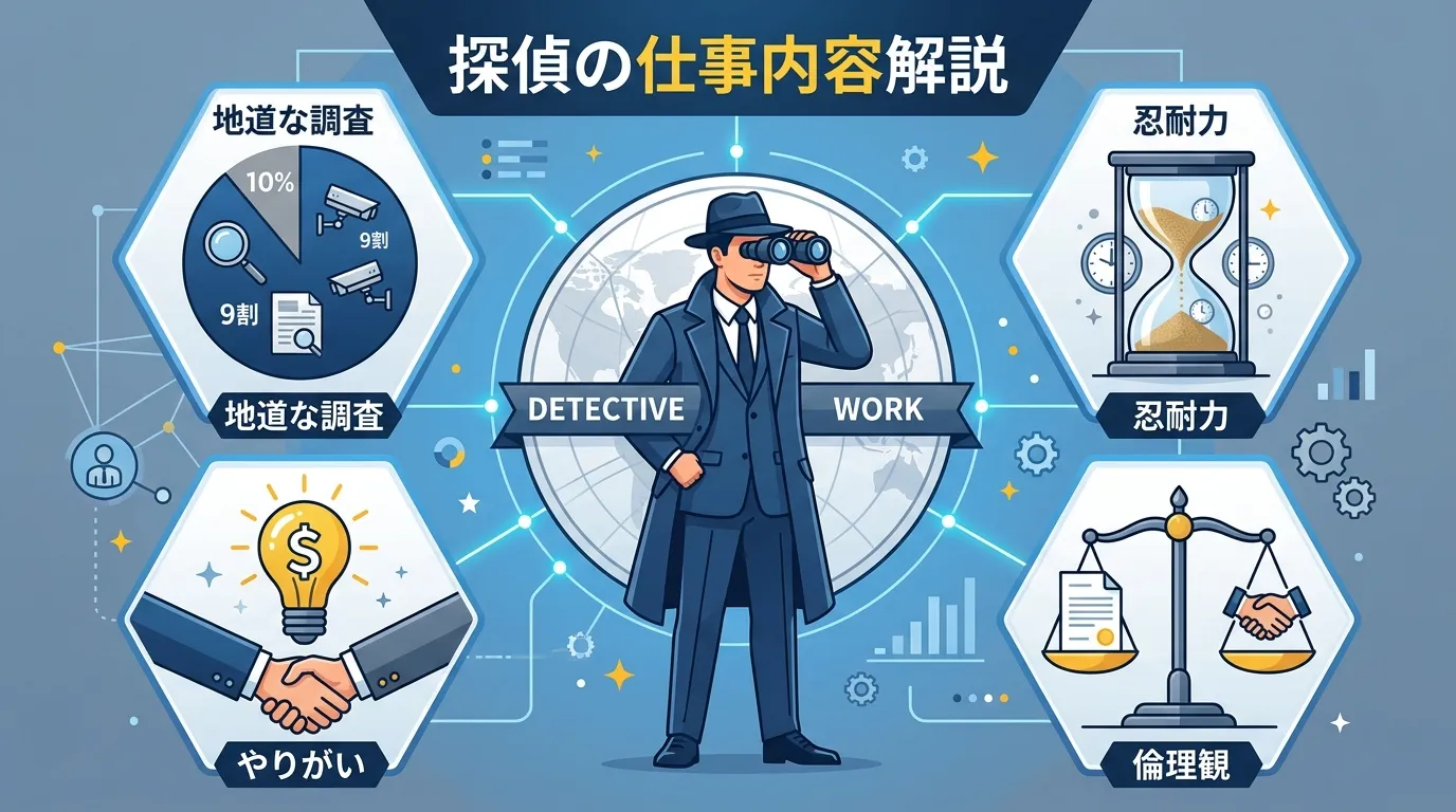 探偵の仕事内容を解説するインフォグラフィック。中央に双眼鏡を持つスーツ姿の探偵を配置。その周りに「地道な調査9割」の円グラフ、「忍耐力」を示す砂時計、「倫理観」の天秤、「やりがい」を示す輝く電球と握手
