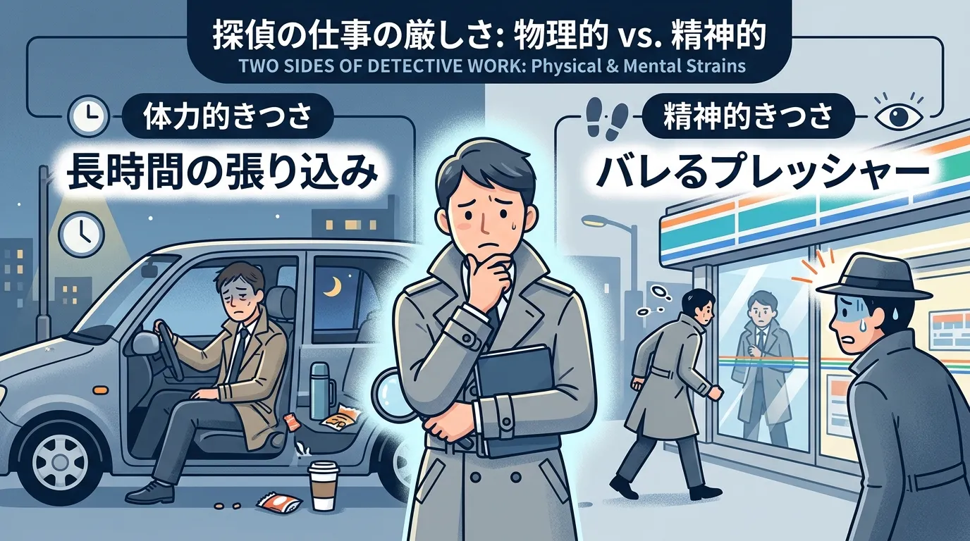 探偵の仕事の厳しさを対比で示すインフォグラフィック。中央に悩む探偵を配置。左側に「体力的きつさ」として車で長時間張り込む姿と「長時間の張り込み」の文字。右側に「精神的きつさ」として尾行中にコンビニのガ