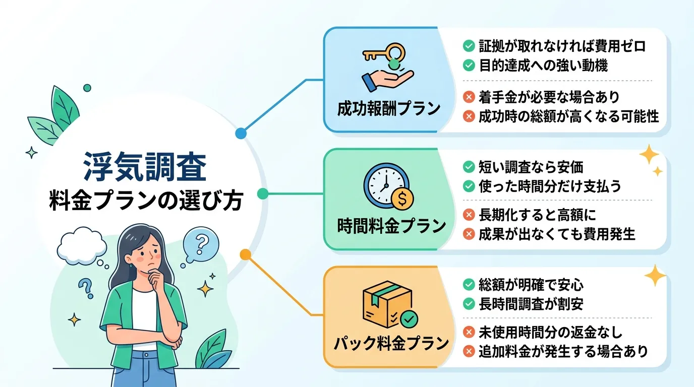 インフォグラフィック、デジタルイラスト、フラットデザイン。中央に「浮気調査 料金プランの選び方」というタイトルと悩んでいる女性のイラスト。そこから分岐して「成功報酬プラン」「時間料金プラン」「パック料