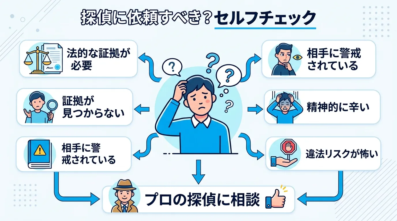 インフォグラフィック、フローチャート形式。「探偵に依頼すべき?セルフチェック」というタイトル。中央に悩む人物のイラストを配置。そこから分岐する矢印で「法的な証拠が必要」「証拠が見つからない」「相手に警