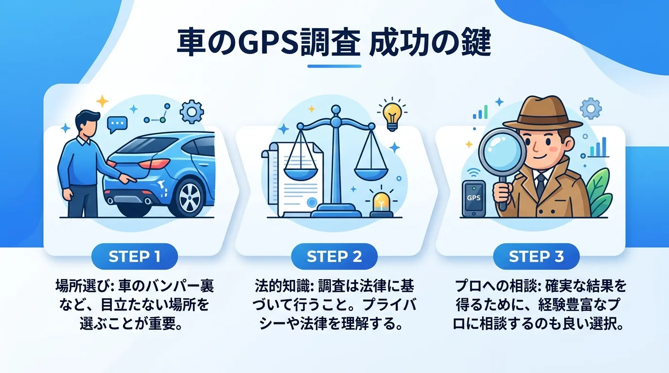 デジタルイラスト風のインフォグラフィック。「車のGPS調査 成功の鍵」というタイトルを中央上部に配置。その下に3つのステップをアイコンと日本語テキストで横並びに図解する。1「場所選び:車のバンパー裏を
