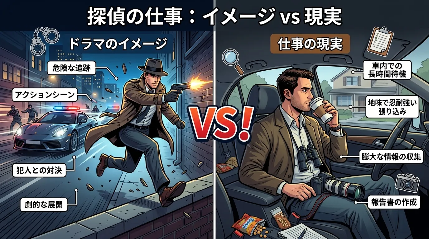 探偵の仕事の「イメージ vs 現実」を比較するインフォグラフィック。左側に「ドラマのイメージ」として危険な追跡やアクションシーン、右側に「仕事の現実」として車内で長時間待機する地味で忍耐強い姿を描く。