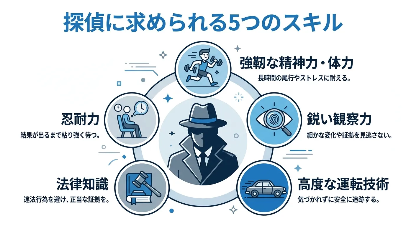 「探偵に求められる5つのスキル」をテーマにしたインフォグラフィック。中央に探偵のシルエットを配置し、その周りに「強靭な精神力・体力」「鋭い観察力」「高度な運転技術」「法律知識」「忍耐力」の5項目を、シ