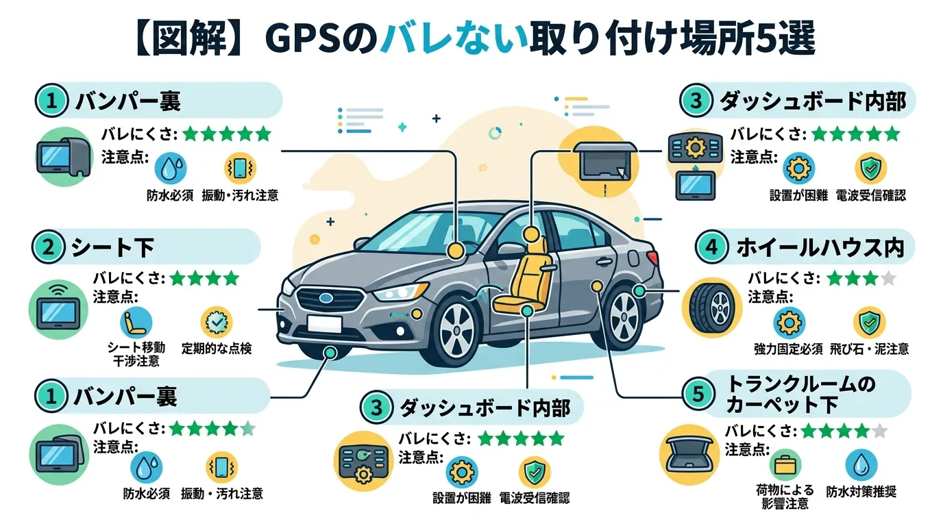「浮気調査用GPSのバレない取り付け場所5選」をテーマにしたインフォグラフィック。中央にセダンの車の図解を配置し、①バンパー裏、②シート下、③ダッシュボード内部など、5つの取り付け場所を番号と引き出し