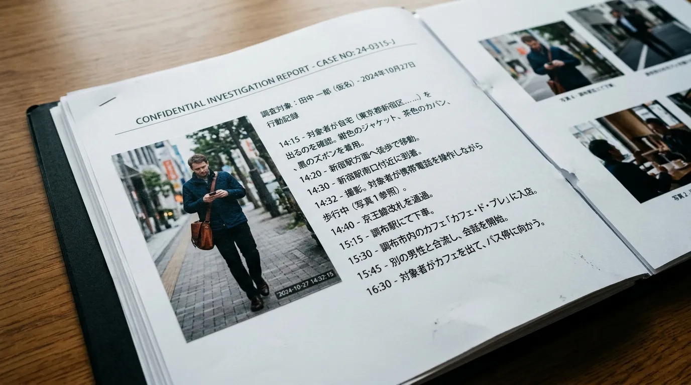 裁判でも通用するクオリティの高い調査報告書のサンプル画像（人物や場所は架空のもの）。鮮明な写真と詳細な行動記録が記載されているページを提示する。]