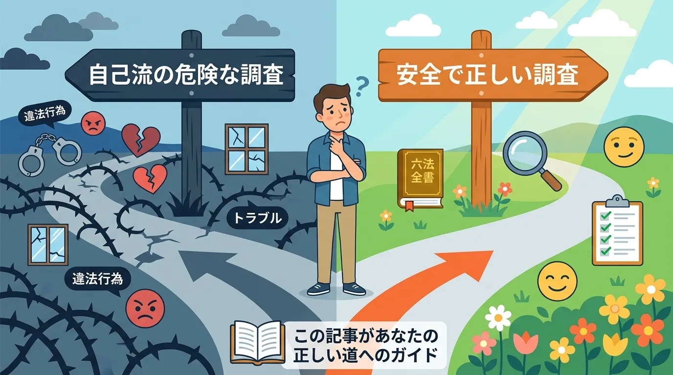 「自分でやる浮気調査」の選択を描いたインフォグラフィック。不安な表情の人物が分かれ道に立っている。片方は「自己流の危険な調査」と書かれ、手錠や割れたハートのアイコンが散りばめられた茨の道。もう片方は「