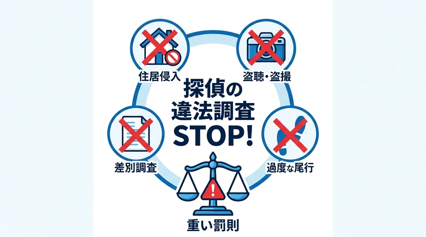 「探偵の禁止行為」をテーマにしたインフォグラフィック。中央に「探偵の違法調査 STOP!」という見出しを配置。その周りに「住居侵入」「盗聴・盗撮」「過度な尾行」「差別調査」を象徴するアイコン(家、カメ