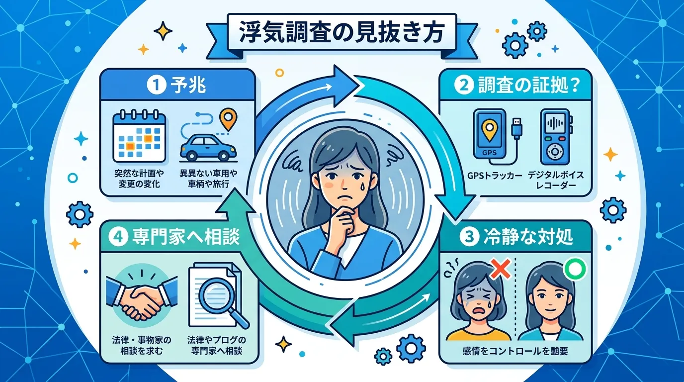 「浮気調査の見抜き方」をテーマにしたインフォグラフィック。中央に不安な表情の人物を配置し、その周りに疑念から解決へのステップを円状に描く。①「予兆」ブロックにはカレンダーや車のアイコン。②「調査の証拠