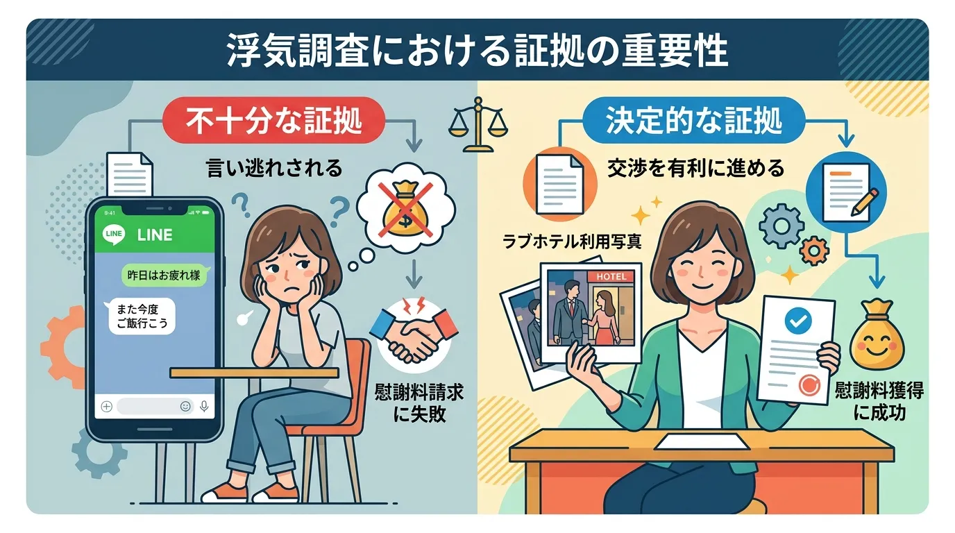 浮気調査の証拠の重要性を伝えるインフォグラフィック。フラットデザインのデジタルイラスト。画面を左右に分割し、「不十分な証拠」(左)と「決定的な証拠」(右)の結果を比較。左はLINE画面で言い逃れされ慰