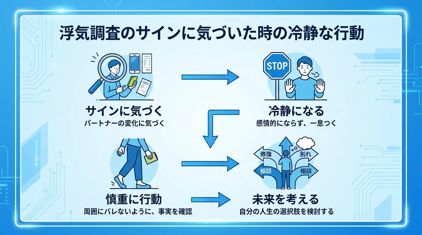 「浮気調査のサインに気づいた時の冷静な行動」をテーマにしたインフォグラフィック。青を基調としたシンプルなデジタルイラストで、4つのステップからなるフローチャートを作成。1.「サインに気づく」(虫眼鏡の