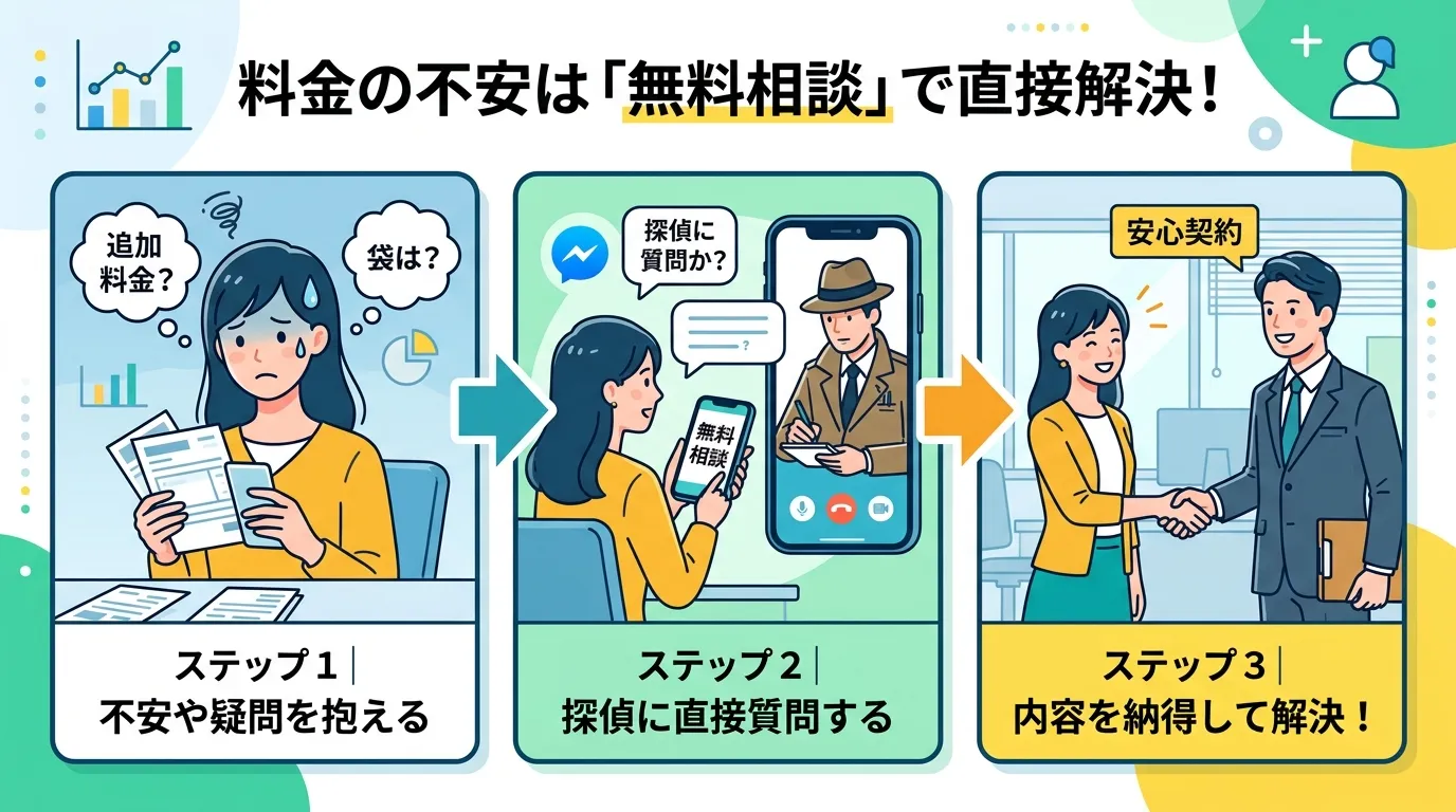 浮気調査の費用に関する疑問を解決する3ステップのインフォグラフィック。明るい配色のデジタルイラスト。左のコマで女性が「追加料金?」と悩み、中央のコマで「無料相談」と書かれたスマホで探偵に質問し、右のコ