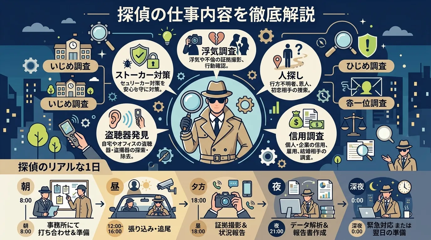 「探偵の仕事内容」を解説するインフォグラフィック。中央に虫眼鏡を持つ探偵のイラストを配置し、その周りに「浮気調査」「人探し」「信用調査」「盗聴器発見」などの業務をアイコンと共に放射状に解説。下部には「