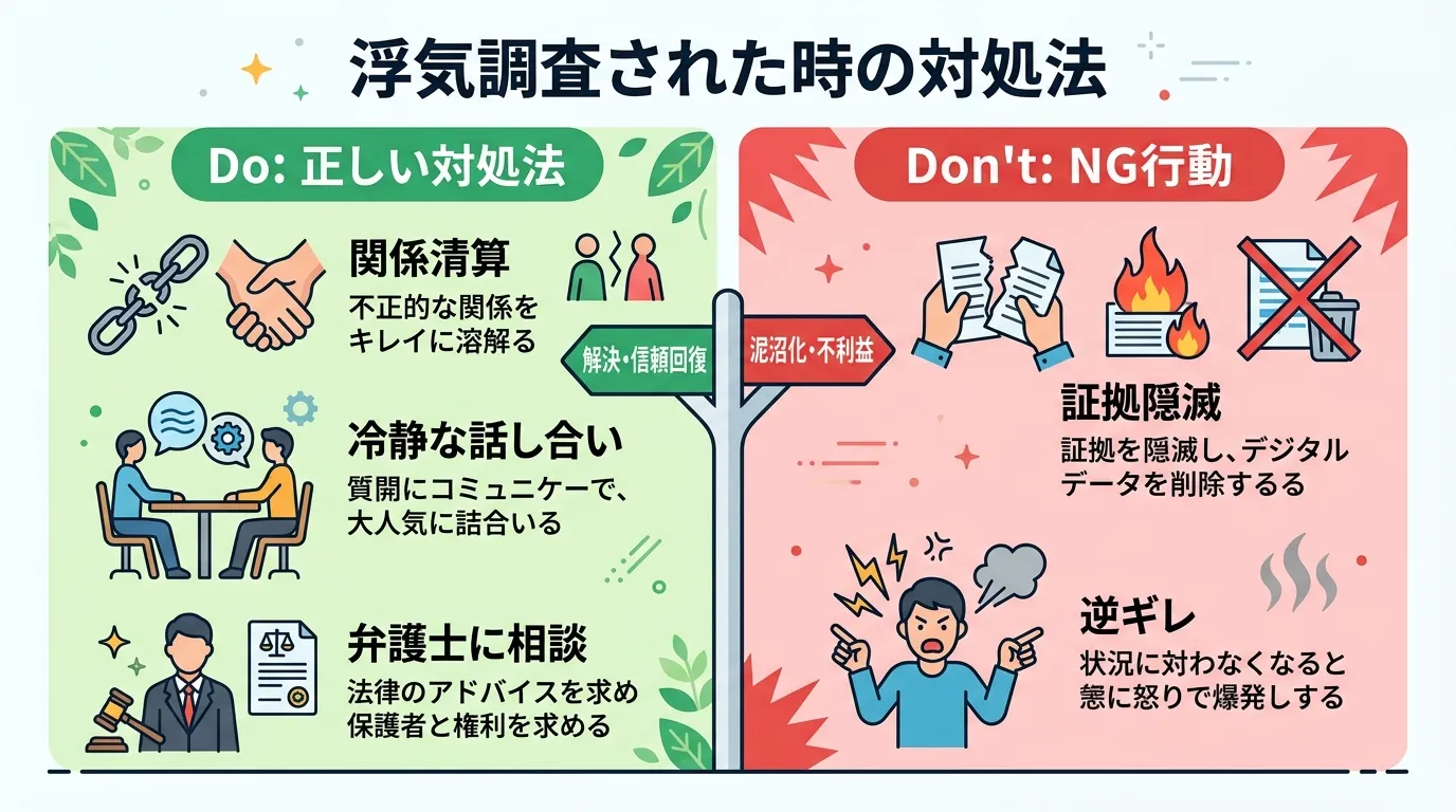 「浮気調査された時の対処法」をテーマにしたインフォグラフィック。画面を左右に分割し、左側は緑を基調とした「Do: 正しい対処法」、右側は赤を基調とした「Don't: NG行動」の比較図。左には「関係清