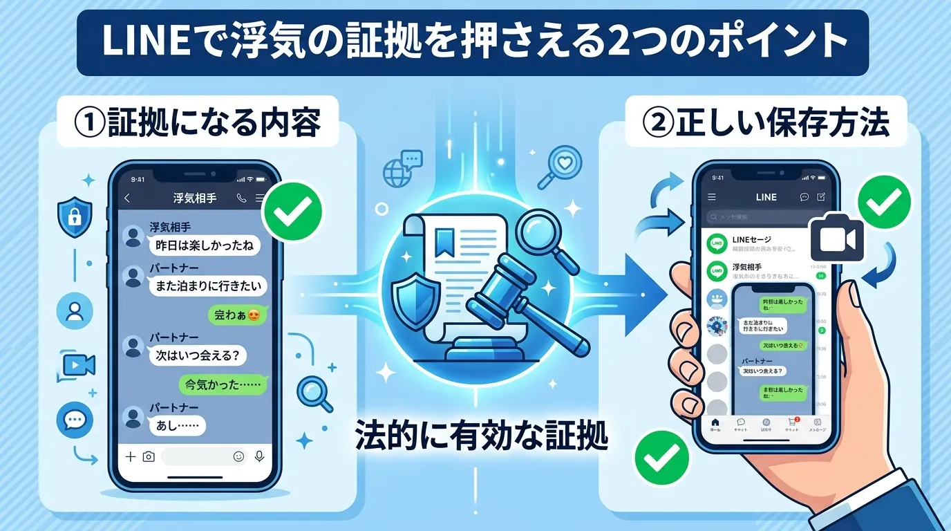 インフォグラフィック、図解。タイトルは「LINEで浮気の証拠を押さえる2つのポイント」。左側に「①証拠になる内容」として、肉体関係を推測させる会話のスマホ画面にチェックマーク。右側に「②正しい保存方法
