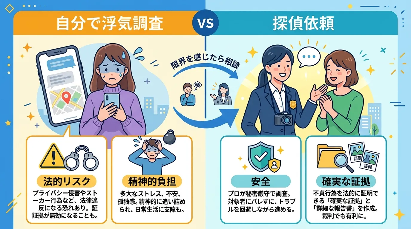 「自分で浮気調査 vs 探偵依頼」の比較インフォグラフィック。左に、スマホを持ち不安な表情の人物と「法的リスク」「精神的負担」のアイコン。右に、頼もしい探偵と安心した依頼者、「安全」「確実な証拠」のア