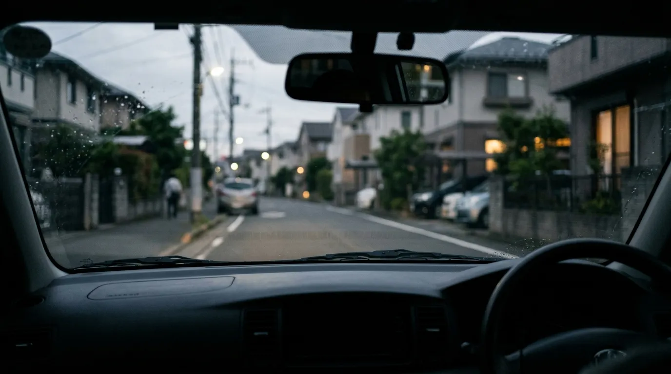 張り込み中の車内から見える住宅街の風景。プライバシーに配慮し、特定の家がわからないようにぼかす。]